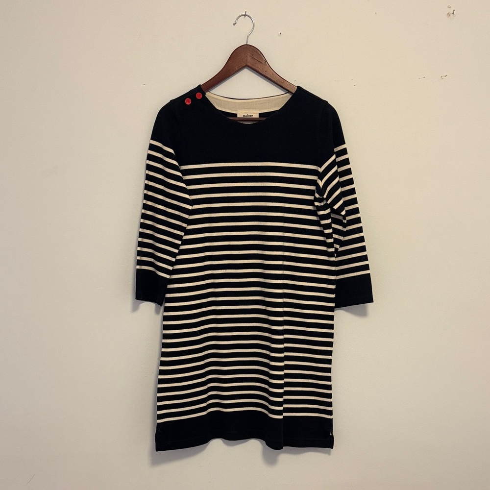 Striped Navy and White sweater Dress with Red Button Accents